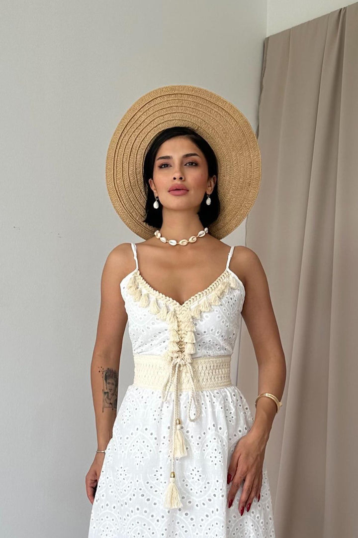 ELS Embroidered Dress with Straps and Tassels - White - Hilo
