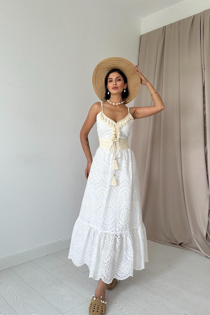 ELS Embroidered Dress with Straps and Tassels - White - Hilo