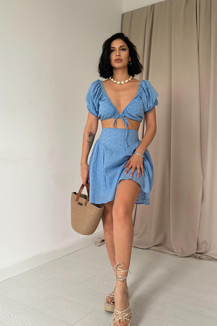 ELS Embroidered Crop Top and Mini Skirt Set - Blue - Kendale Lakes