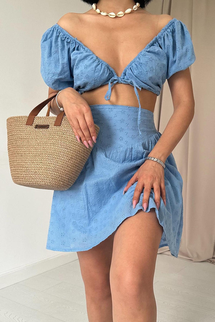 ELS Embroidered Crop Top and Mini Skirt Set - Blue - Kendale Lakes