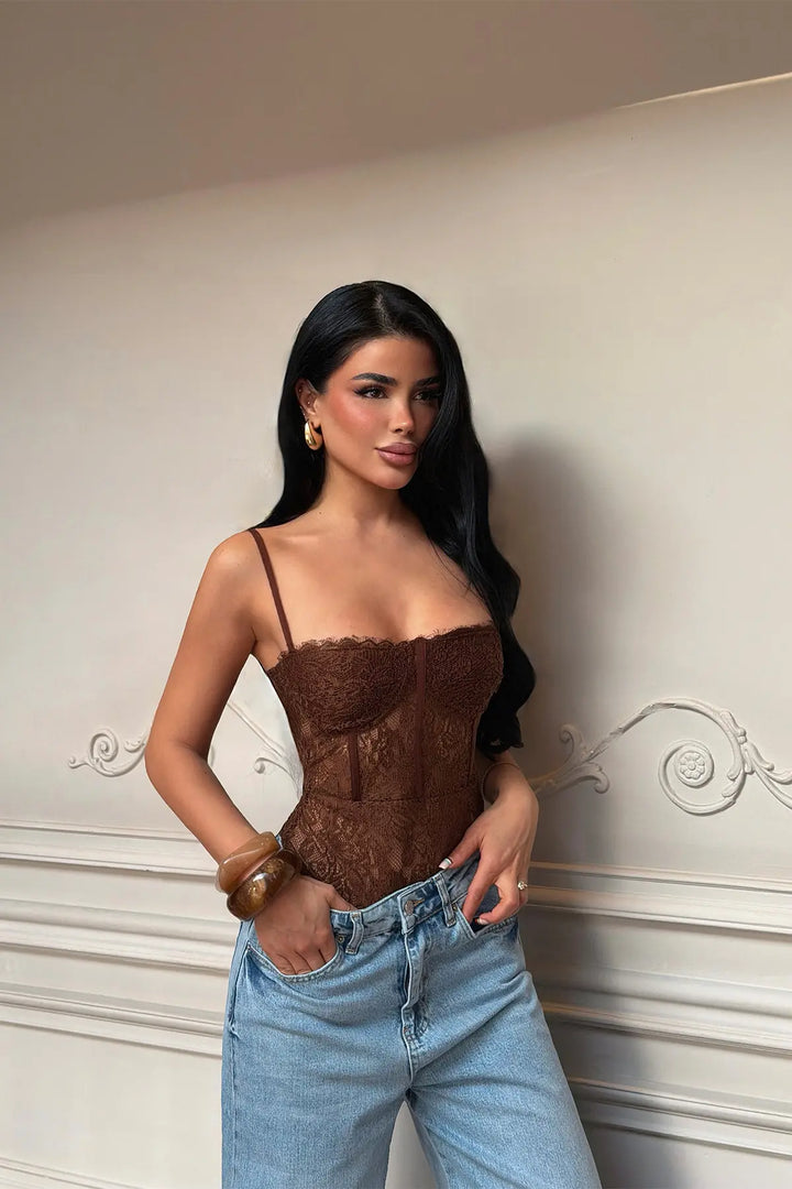 EYY Women Brown Brigitta Lace Bodysuit - Angra do Heroísmo