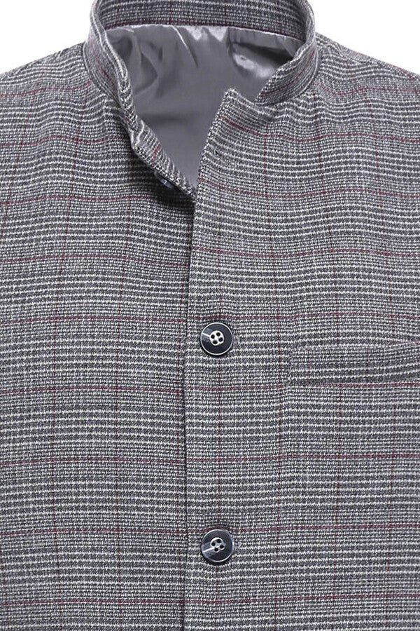 WSS Beige Checked Mandarin Collar Cachet Vest  - Singen