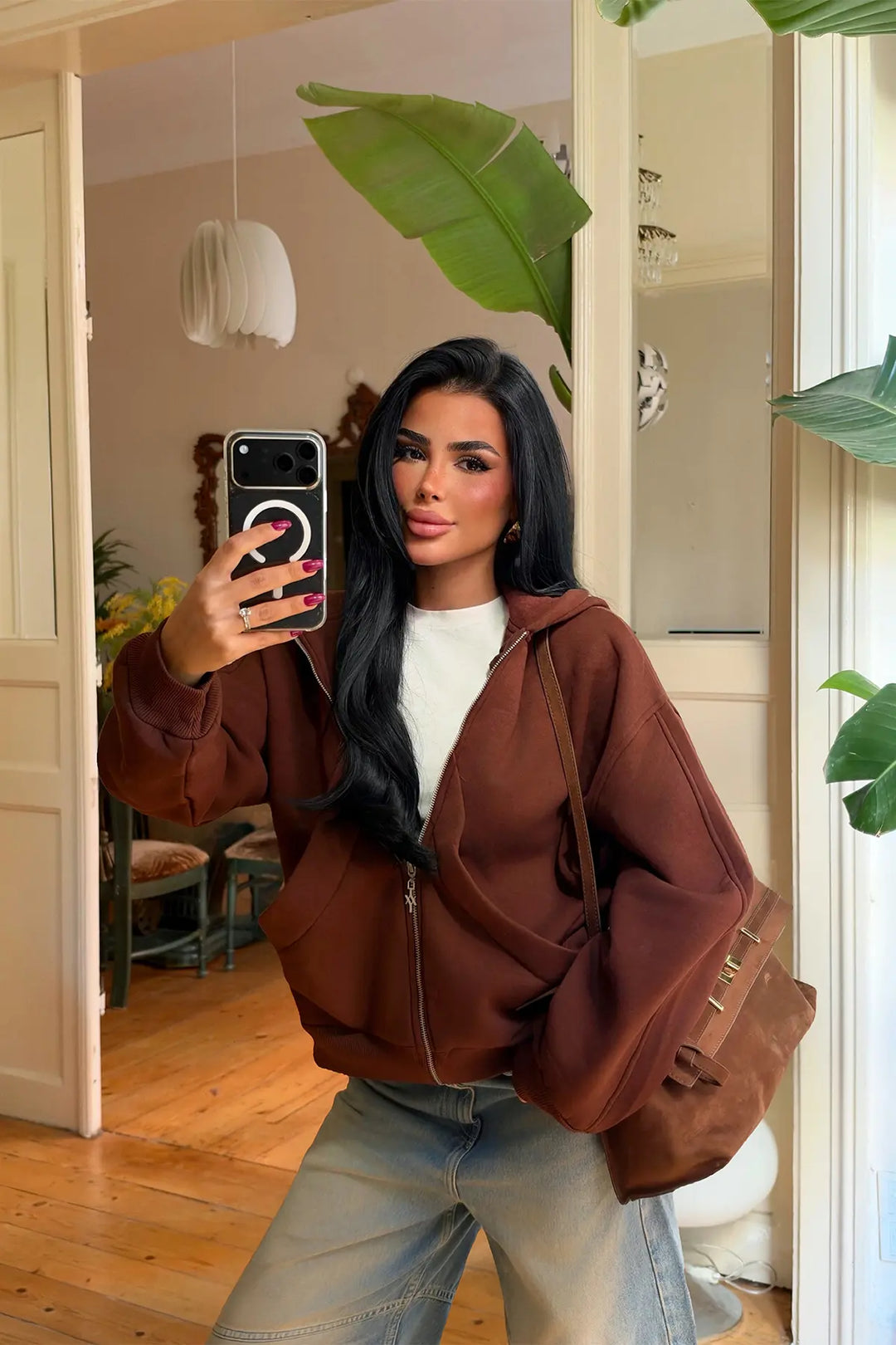 EYY Women Brown Hooded Cardigan with Zipper Detail - Ladispoli