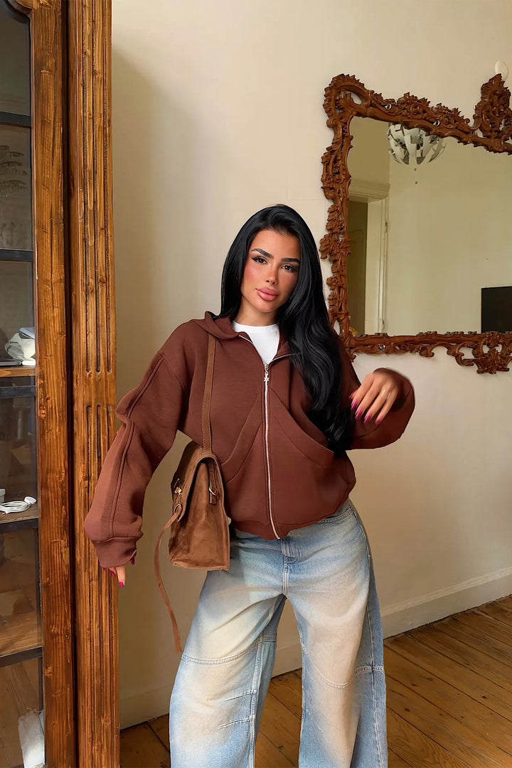 EYY Women Brown Hooded Cardigan with Zipper Detail - Ladispoli