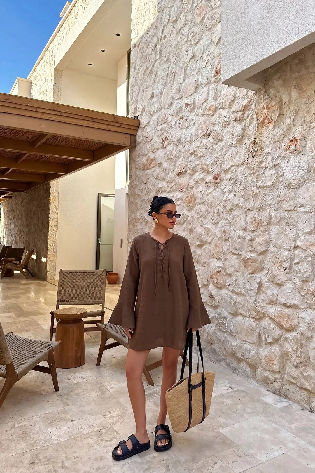 EYY Women Brown Long-Sleeved Front Tie Dress - Cuenca