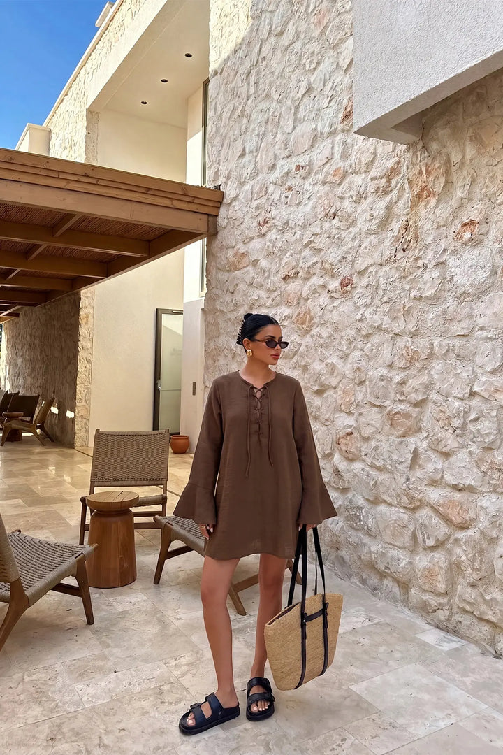EYY Women Brown Long-Sleeved Front Tie Dress - Cuenca