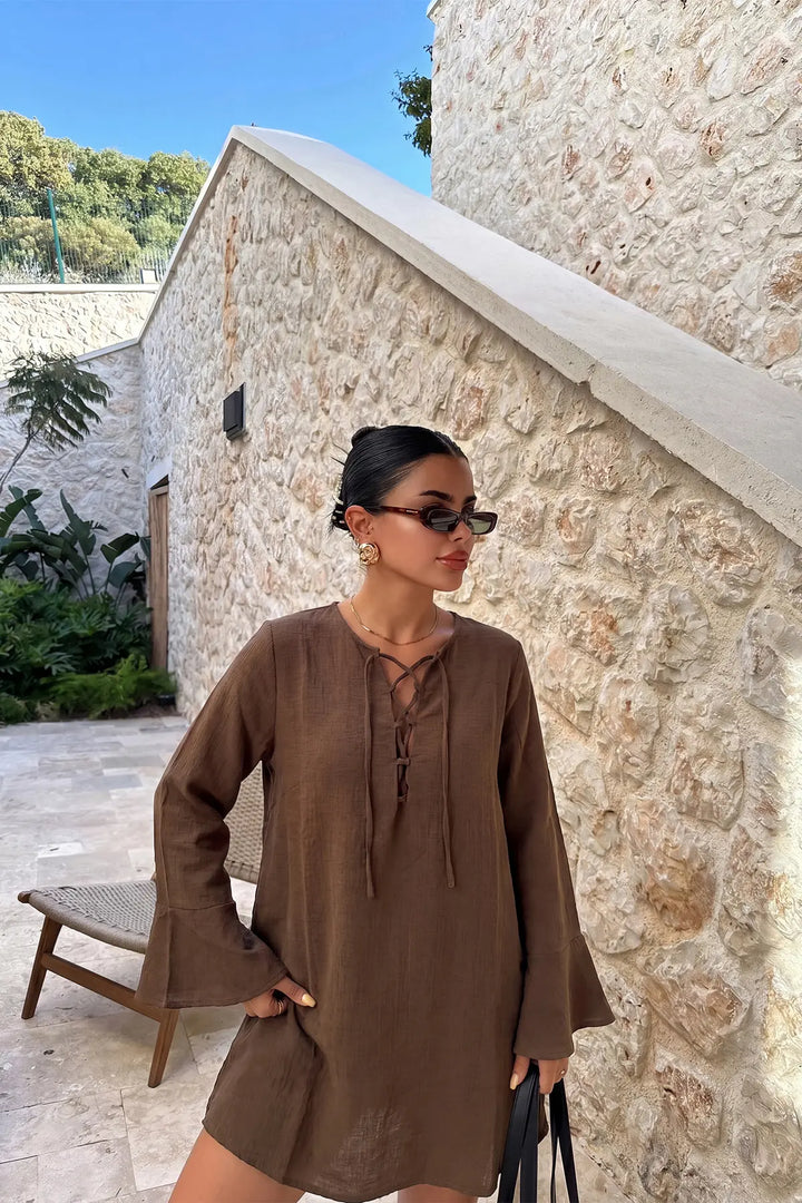 EYY Women Brown Long-Sleeved Front Tie Dress - Cuenca