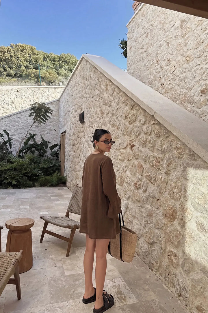 EYY Women Brown Long-Sleeved Front Tie Dress - Cuenca