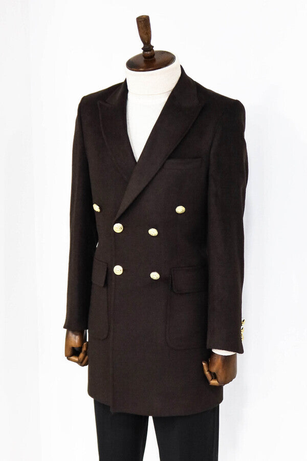 WSS Brown Metal Buttoned Double Breasted Long Coat  - Marlboro