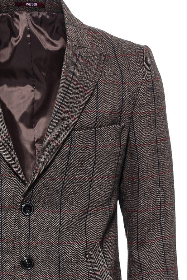 WSS Brown Navy Burgundy Striped Slim-Fit Coat  - Temixco