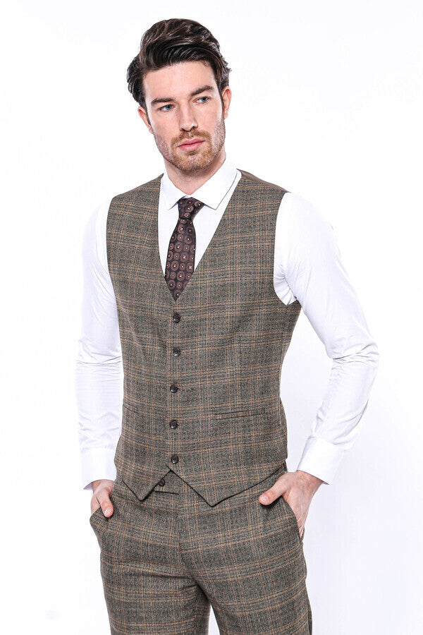 WSS Brown Plaid Men Vest  - Singen