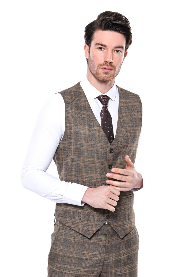 WSS Brown Plaid Men Vest  - Singen