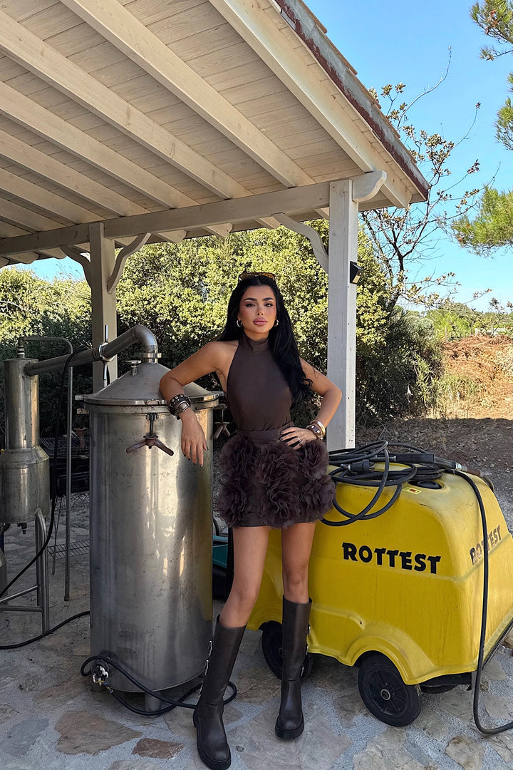 EYY Women Brown Freyya Mini Dress with Rose Detail at Hem - Newcastle