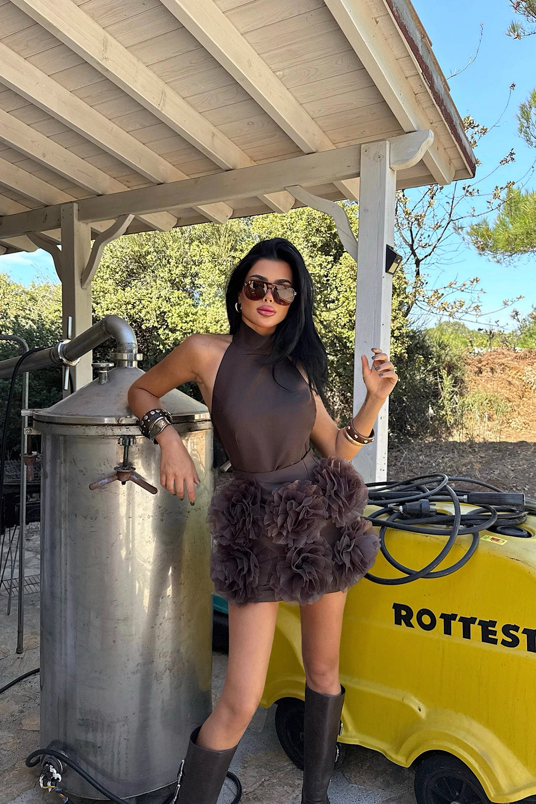 EYY Women Brown Freyya Mini Dress with Rose Detail at Hem - Newcastle