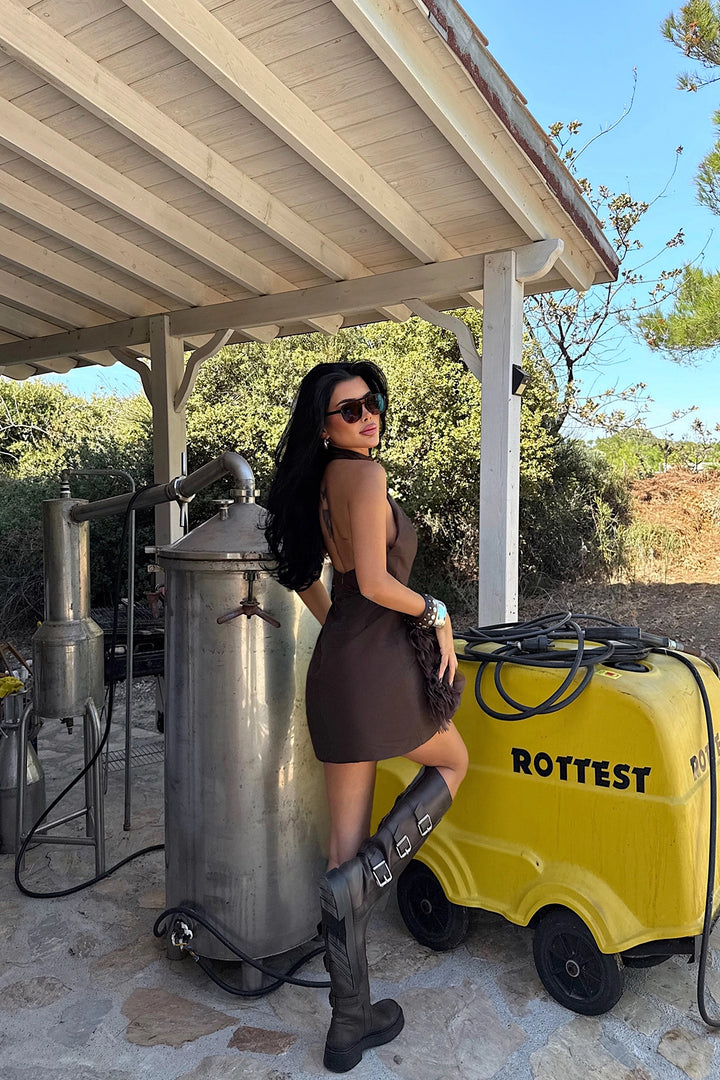 EYY Women Brown Freyya Mini Dress with Rose Detail at Hem - Newcastle