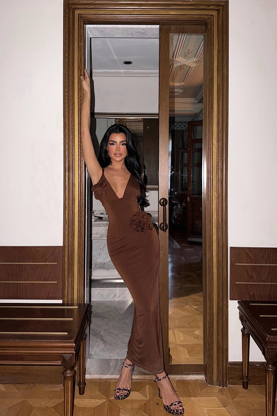 EYY Women Brown Rose Detail Dress - Surbiton