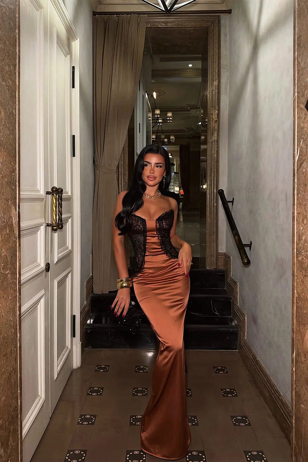EYY Women Brown Satin Dress with Lace Detail - Horishni Plavni
