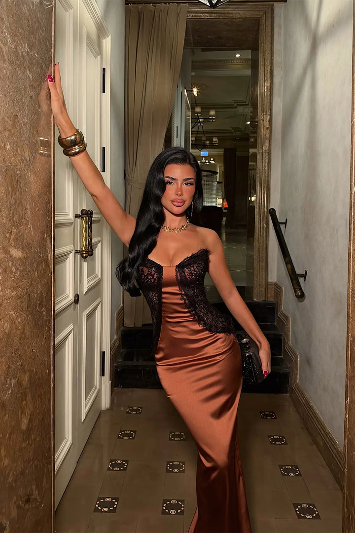 EYY Women Brown Satin Dress with Lace Detail - Horishni Plavni