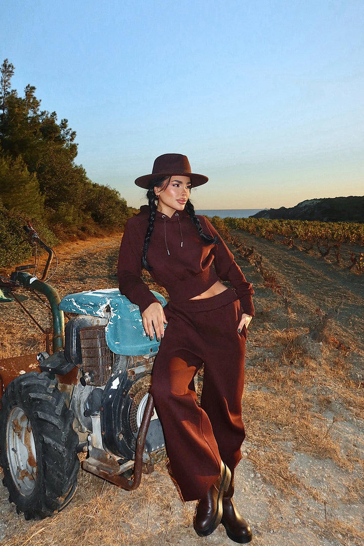 EYY Women Kahverengi Atkılı Kapüşonlu Eşofman - Kiel