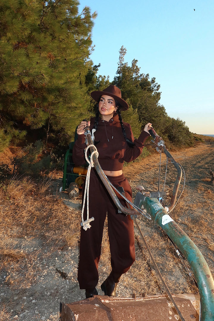 EYY Women Kahverengi Atkılı Kapüşonlu Eşofman - Kiel