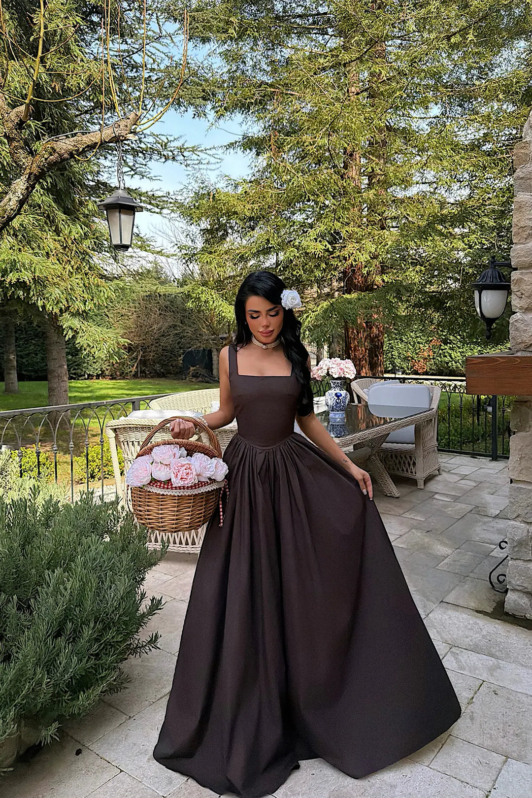 EYY Women Brown Square Neck Strappy Long Dress - Vergína