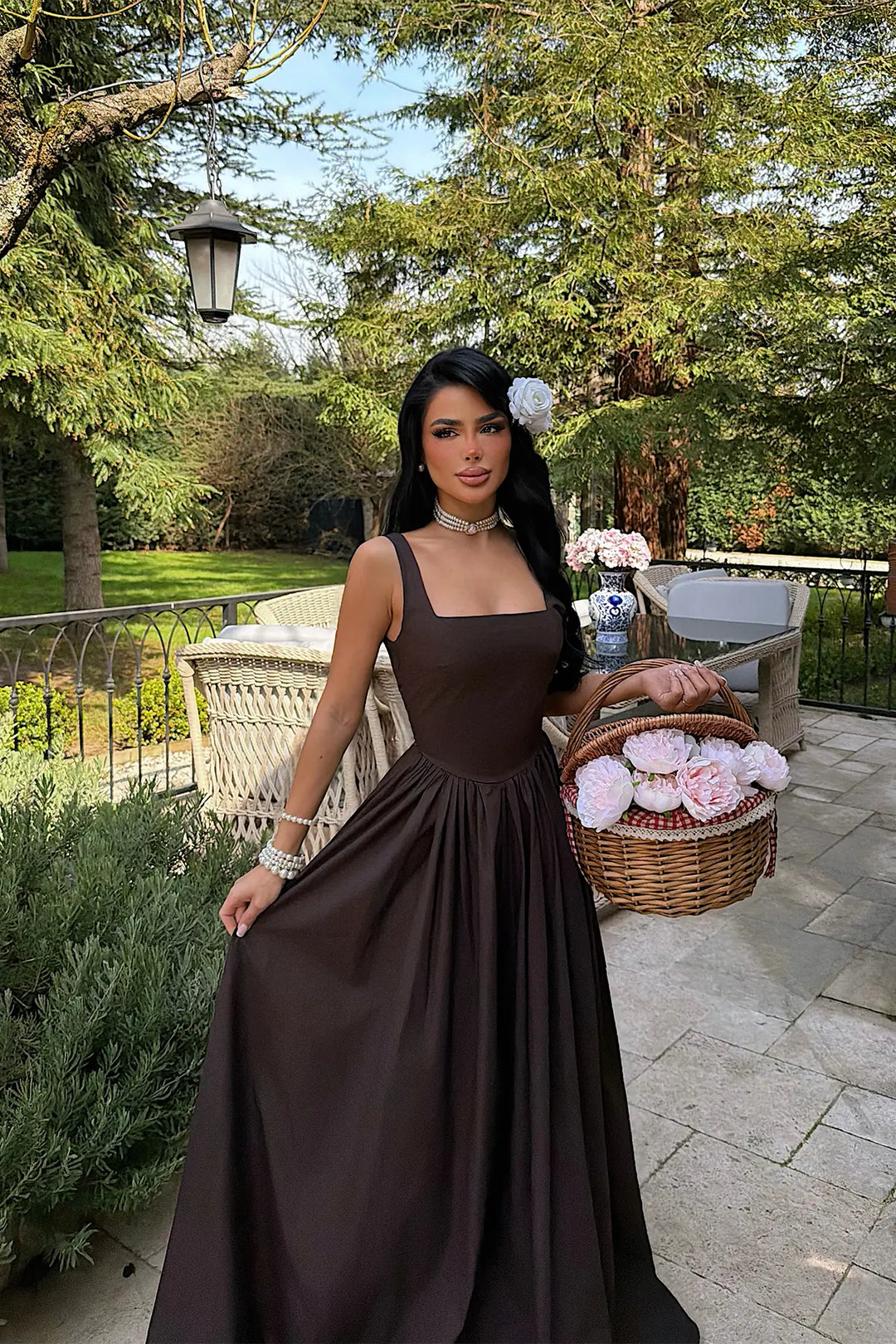 EYY Women Brown Square Neck Strappy Long Dress - Vergína