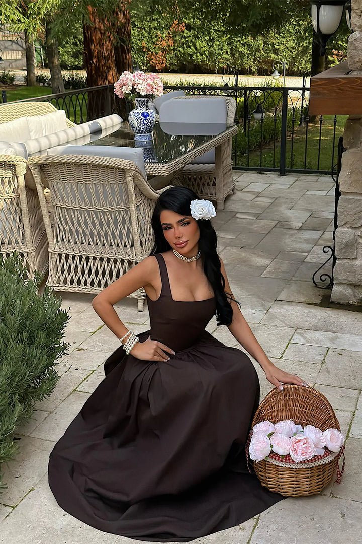 EYY Women Brown Square Neck Strappy Long Dress - Vergína