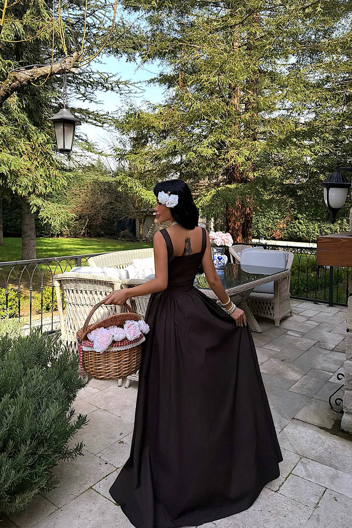 EYY Women Brown Square Neck Strappy Long Dress - Vergína
