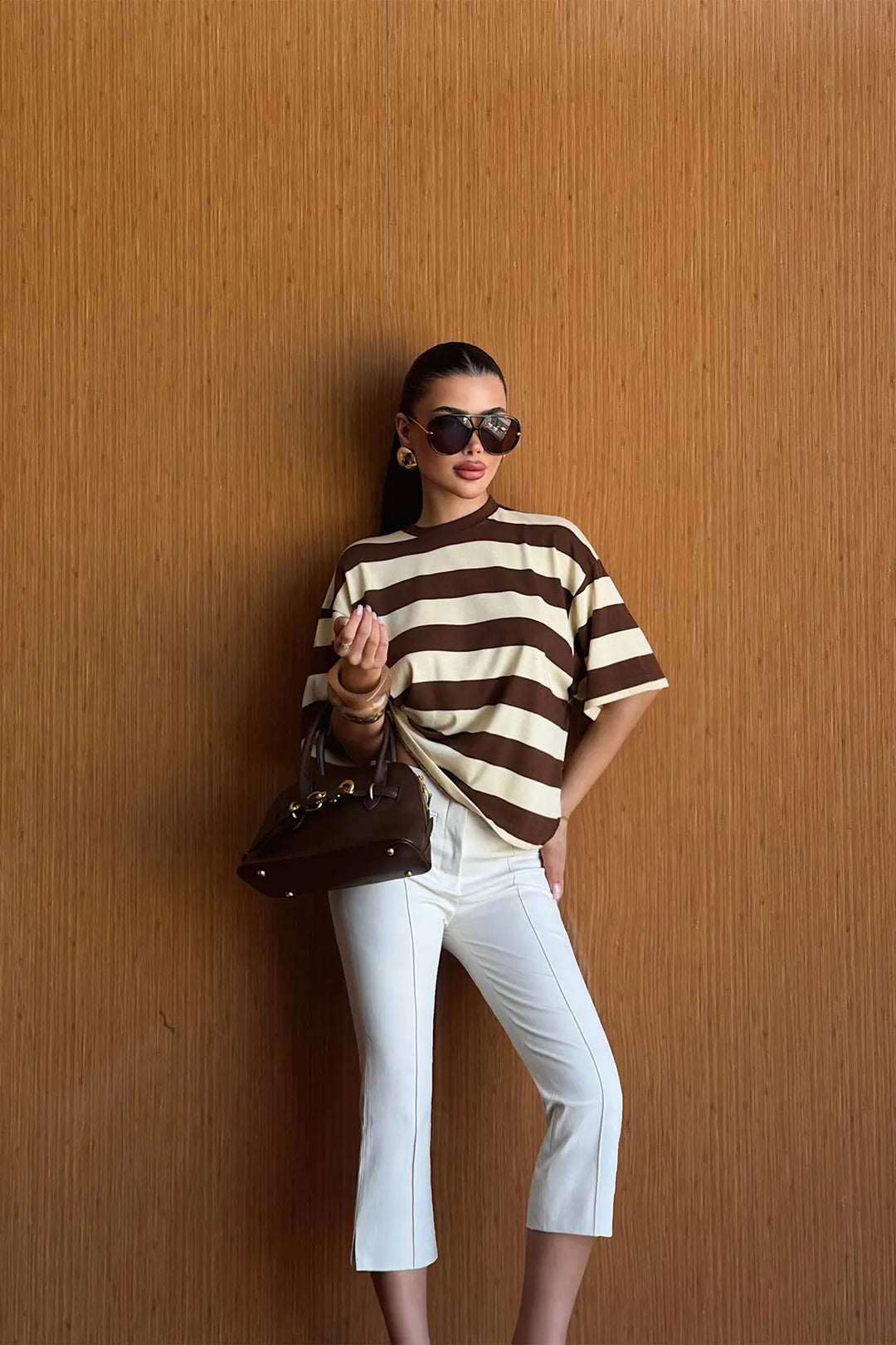 EYY Women Brown Striped T-shirt - Minot