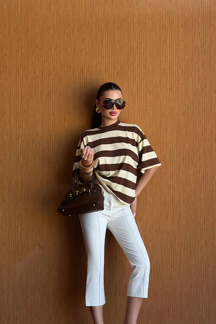 EYY Women Brown Striped T-shirt - Minot