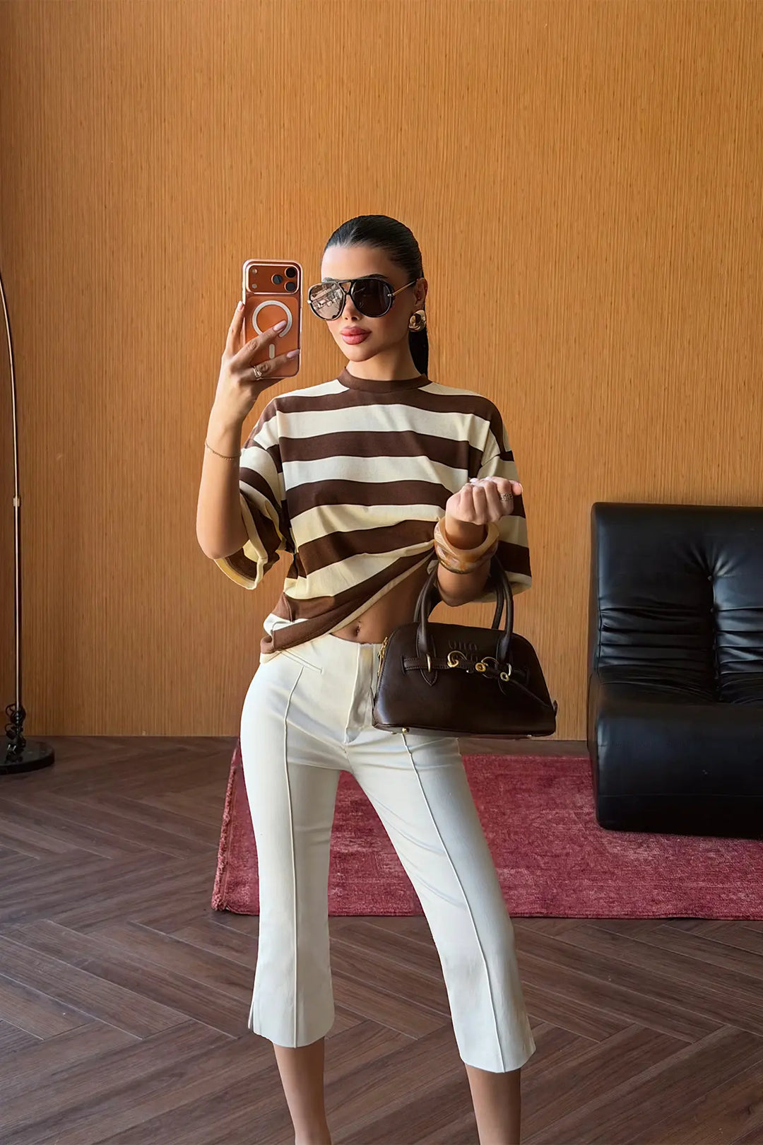 EYY Women Brown Striped T-shirt - Minot