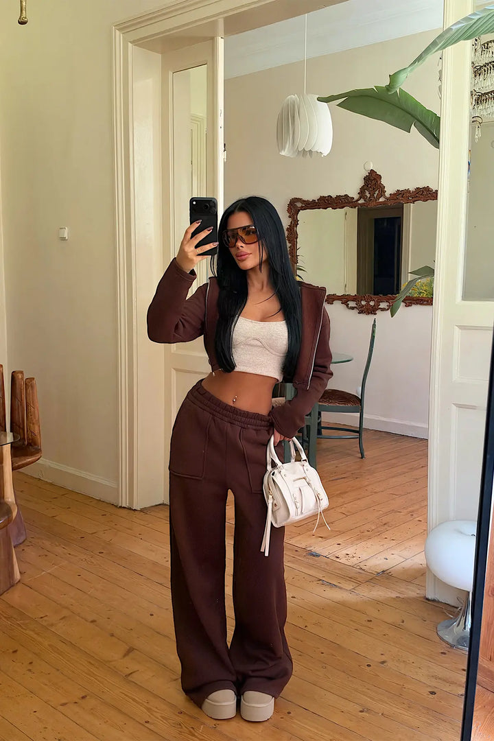 EYY Women Brown Tracksuit Set with Zipper Detail - Merano