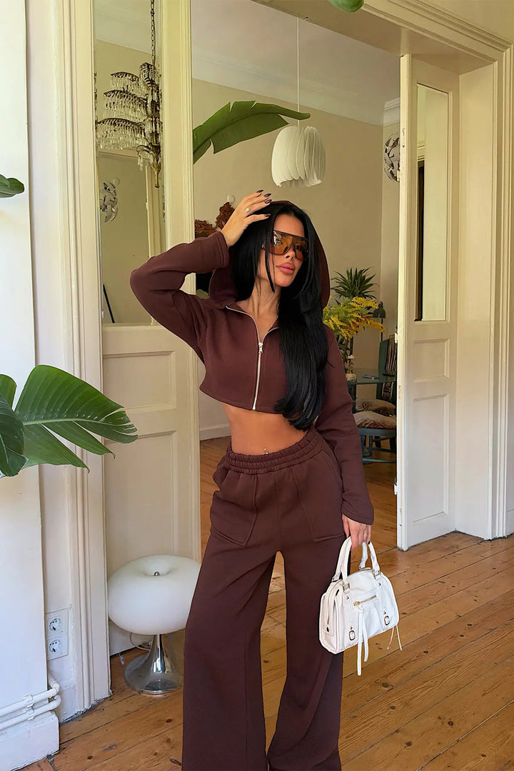 EYY Women Brown Tracksuit Set with Zipper Detail - Merano