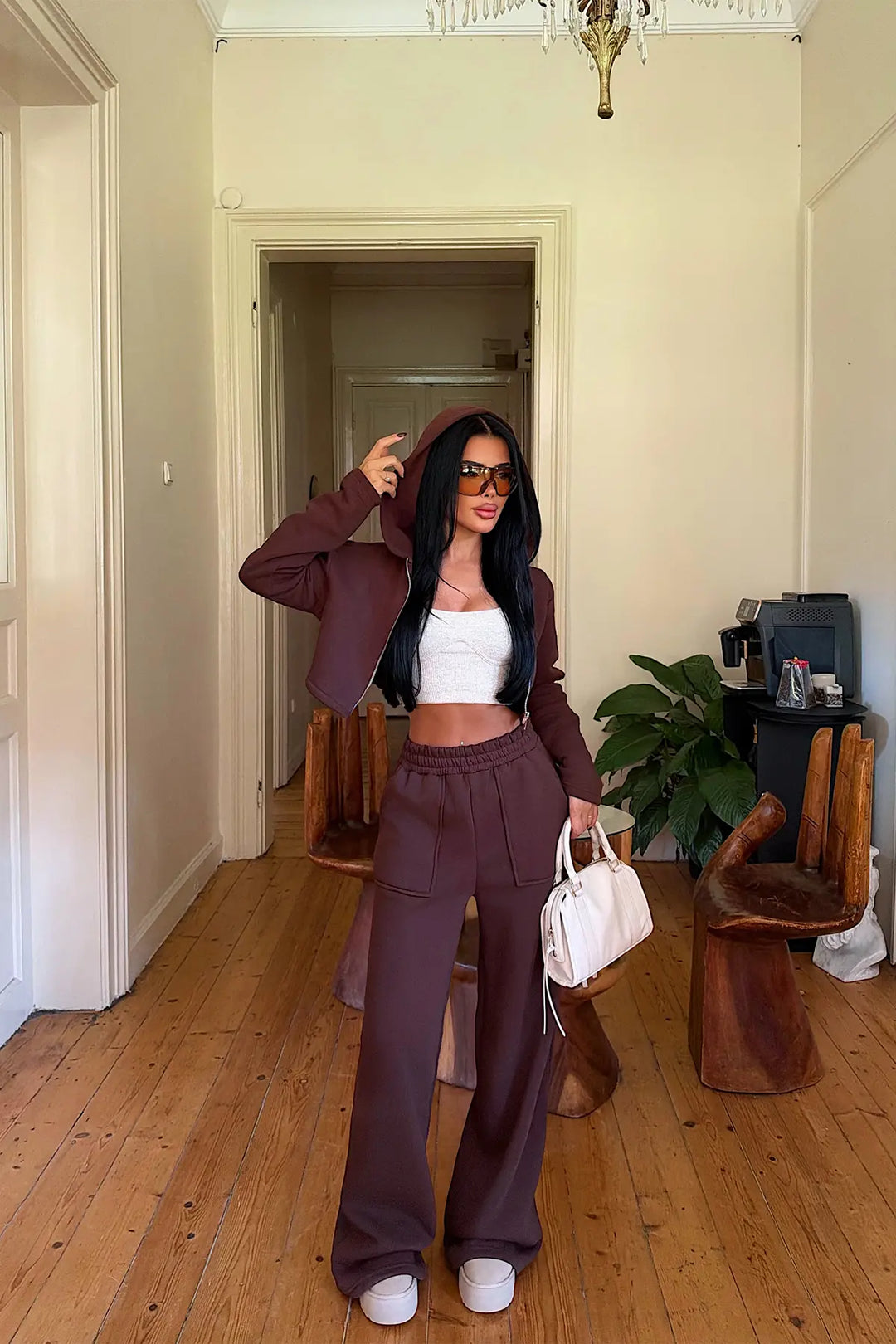 EYY Women Brown Tracksuit Set with Zipper Detail - Merano