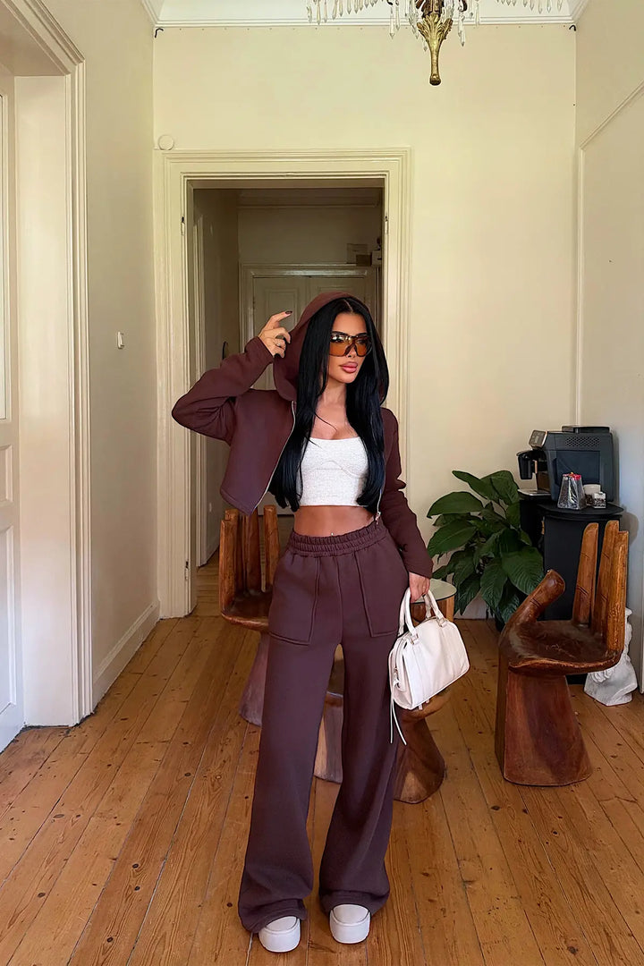 EYY Women Brown Tracksuit Set with Zipper Detail - Merano