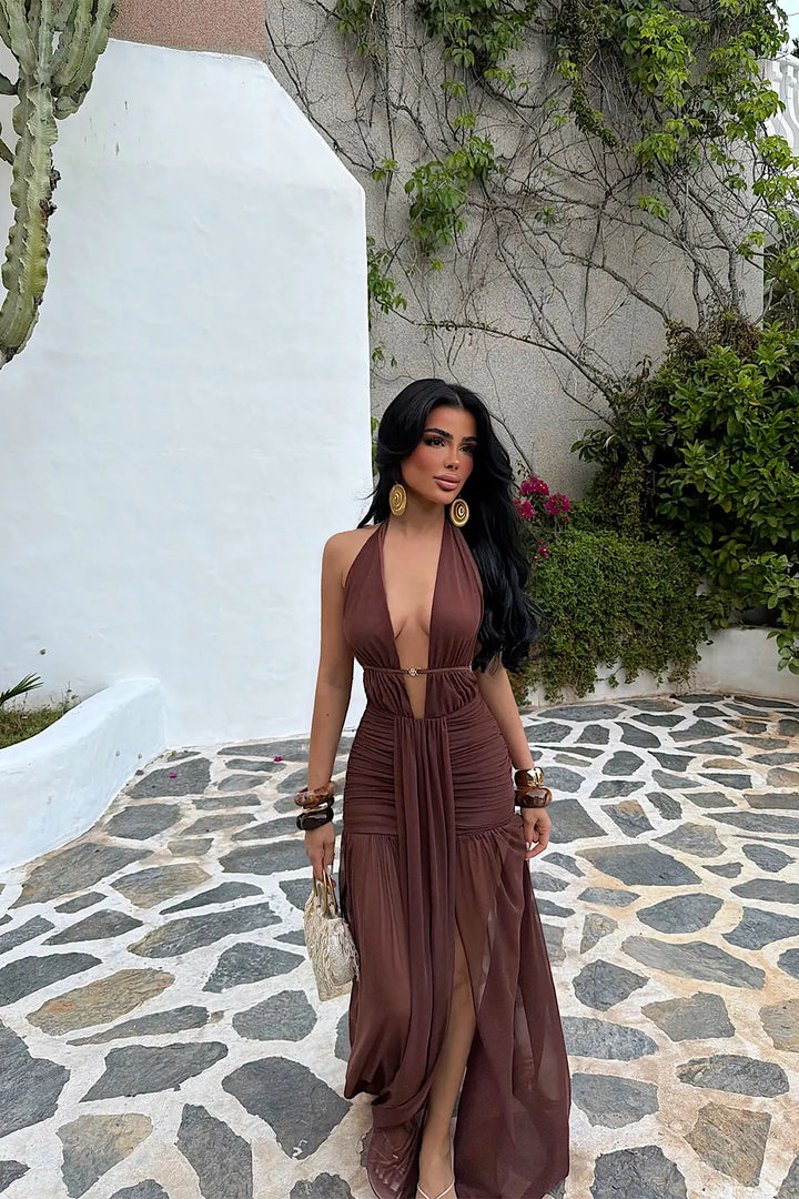 EYY Women Brown Window Detail Long Dress - San Vicente de Baracaldo