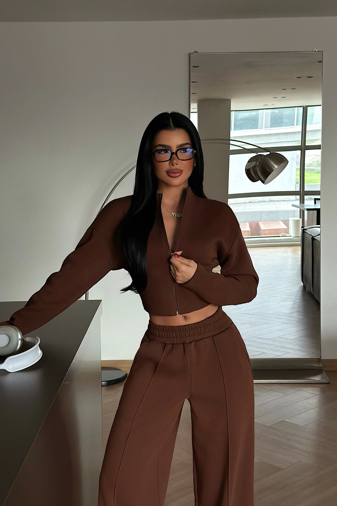 EYY Women Brown Zip-Up Tracksuit Set - Oak Creek