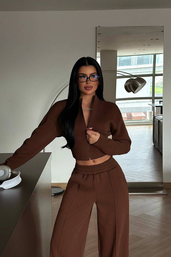 EYY Women Brown Zip-Up Tracksuit Set - Oak Creek