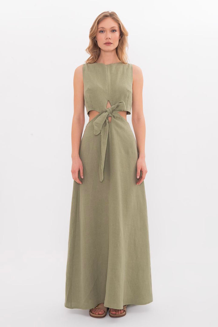 BSL Women 100% Linen Lace Detailed Midi Dress - Salihorsk