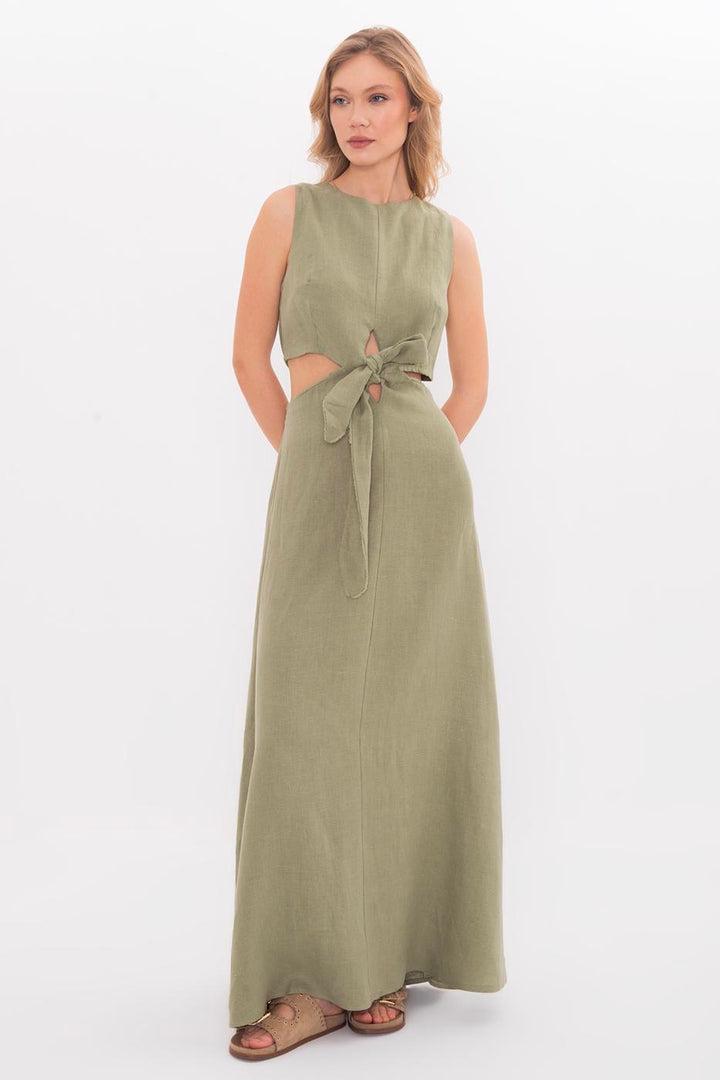 BSL Women 100% Linen Lace Detailed Midi Dress - Salihorsk