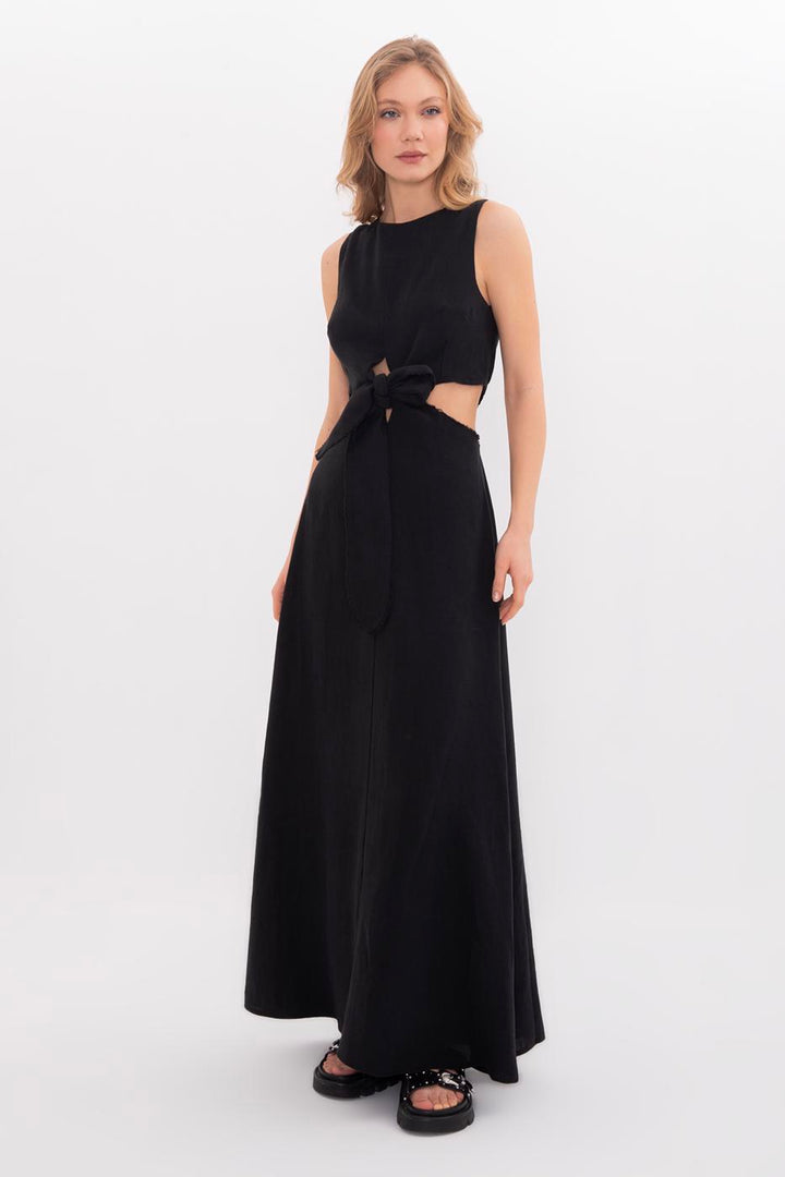 BSL Women 100% Linen Lace Detailed Midi Dress - Dülmen