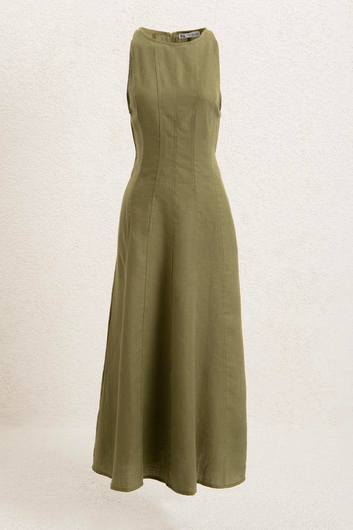 BSL Women 100% Linen Midi Sleeveless Dress - Petrel