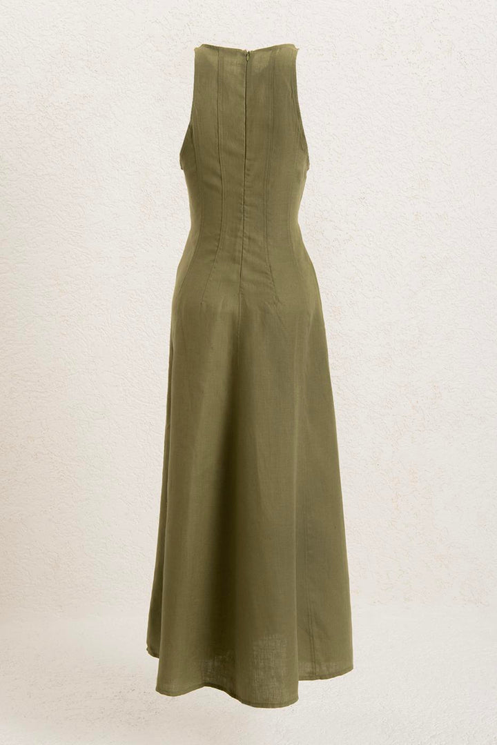 BSL Women 100% Linen Midi Sleeveless Dress - Petrel