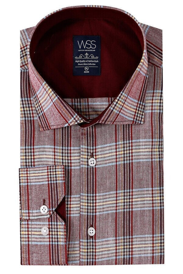 WSS Burgundy Casual Plaid Shirt  - Linton Hall