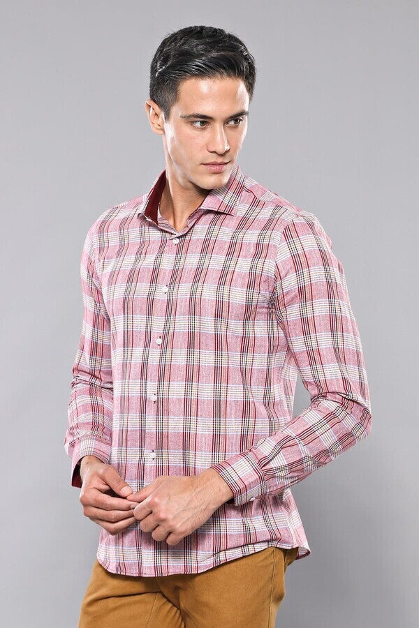 WSS Burgundy Casual Plaid Shirt  - Linton Hall