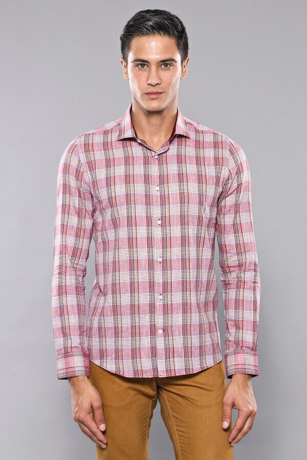 WSS Burgundy Casual Plaid Shirt  - Linton Hall