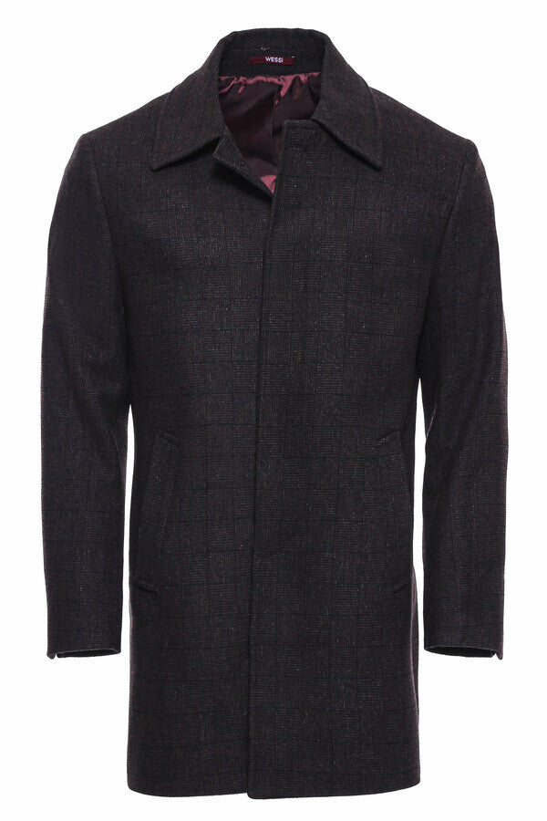 WSS Burgundy Checked Hidden Button Peak Lapel Coat  - Charlottesville