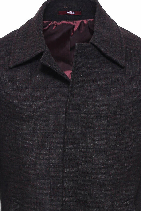 WSS Burgundy Checked Hidden Button Peak Lapel Coat  - Charlottesville