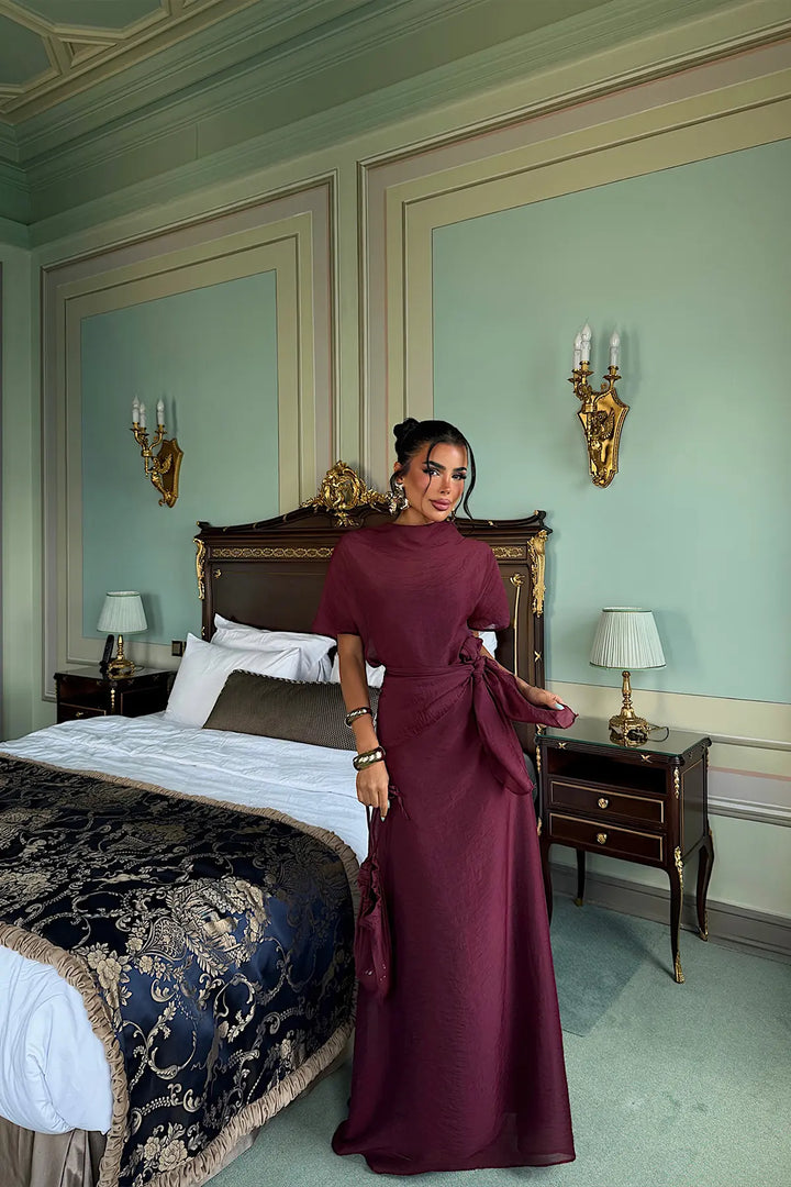 EYY Women Burgundy Long Dress with Shawl Detail - Nuevo Laredo