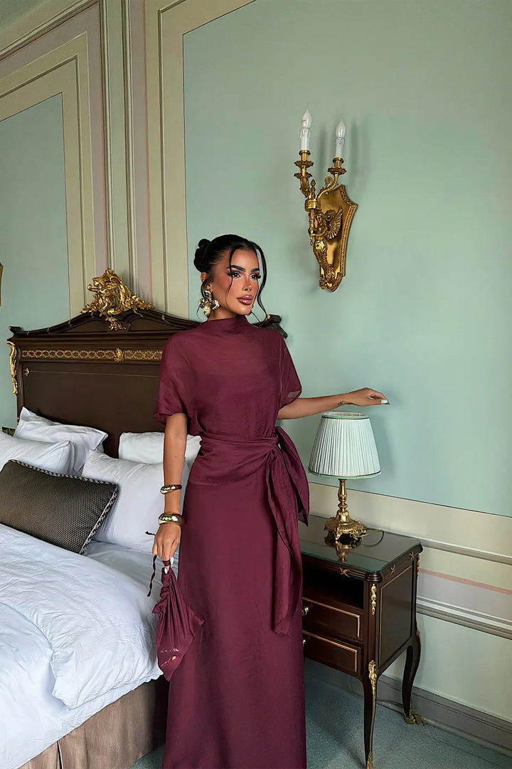 EYY Women Burgundy Long Dress with Shawl Detail - Nuevo Laredo
